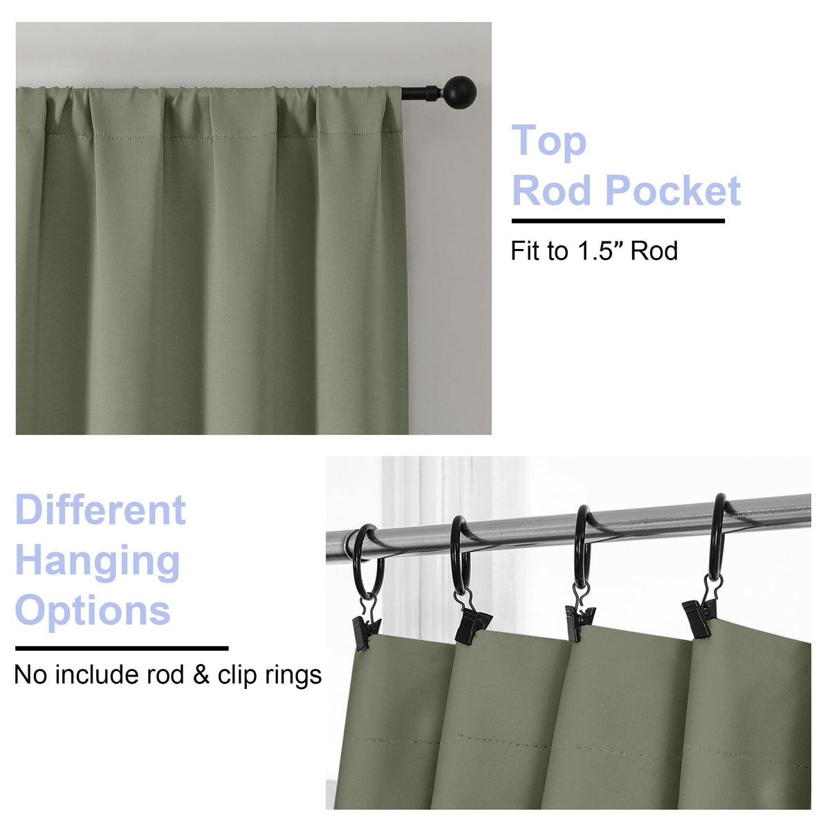 Sage Green Blackout Curtains, 72 Inch, 2 Panels Set M58984