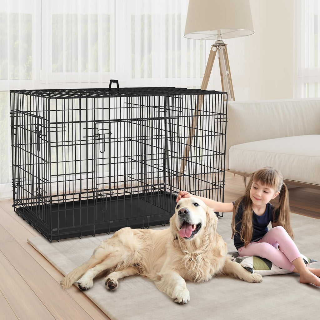48 Inch Folding Metal Wire Dog Crate with Divider Panel & Removable Tray Y513