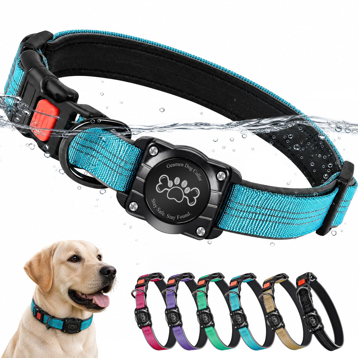 Blue IP68 Waterproof Reflective Dog Collar with AirTag Holder J80923
