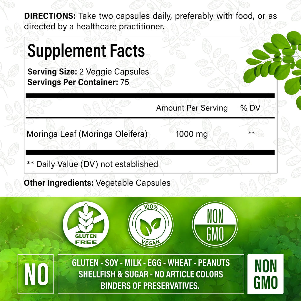 Moringa Oleifera Leaf Extract Capsules 150 Count E896