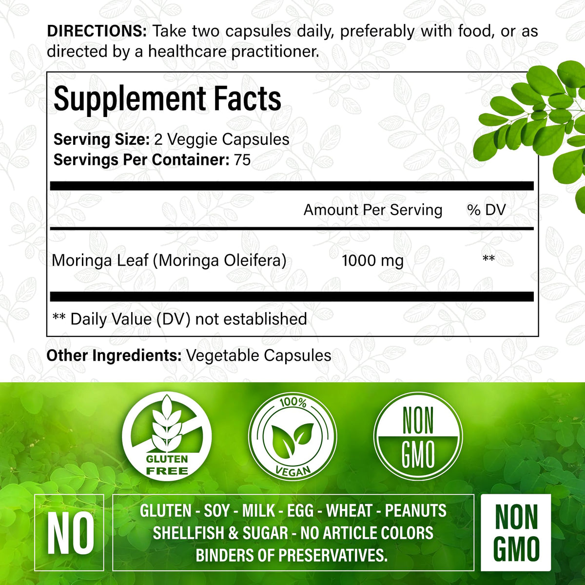 Moringa Oleifera Leaf Extract Capsules 150 Count E896