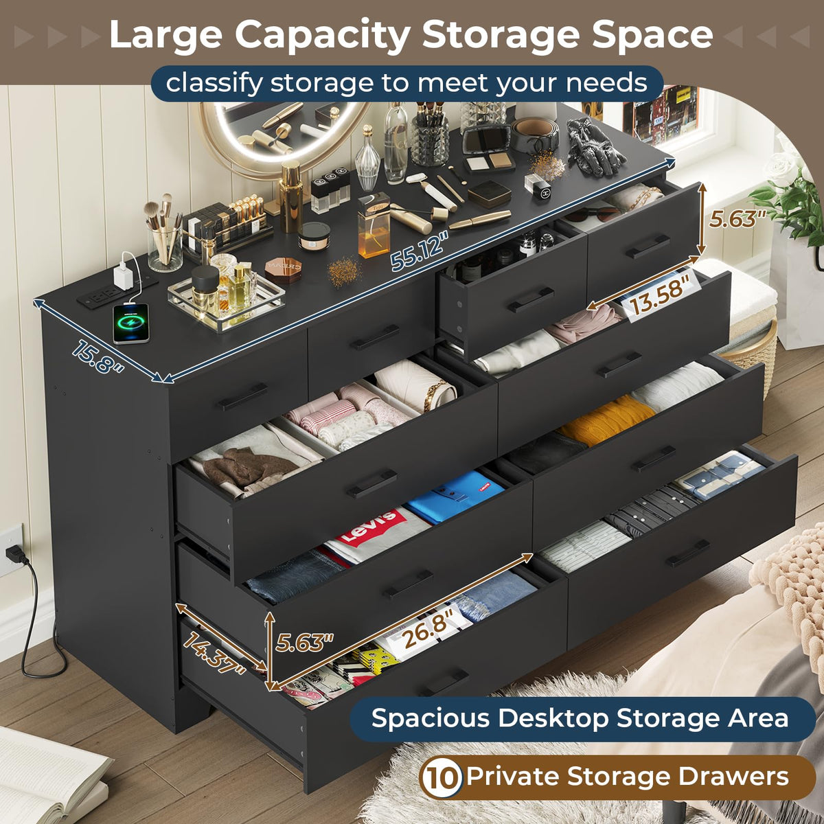 Black 10 Drawer Dresser with Power Outlets C74545
