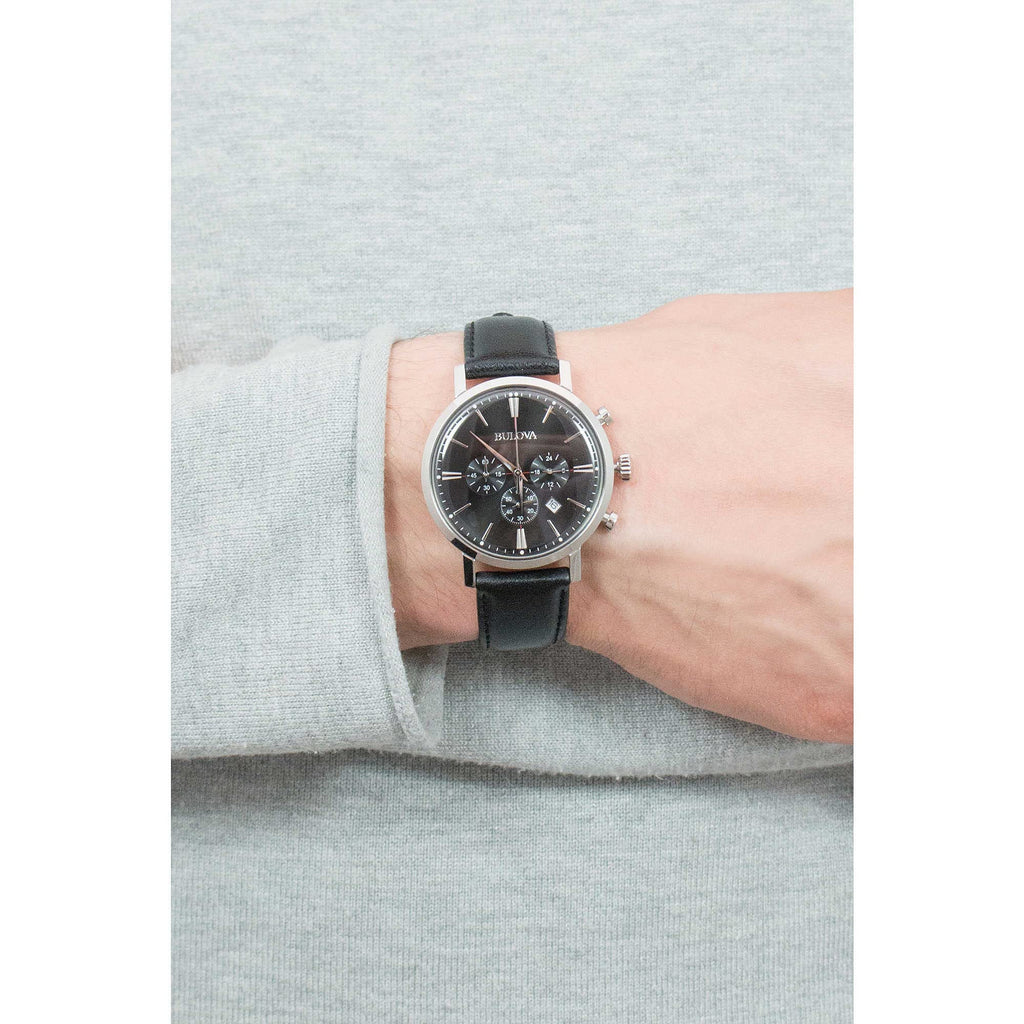Men's Stainless Steel Chronograph Watch with Black Leather Strap Q872308