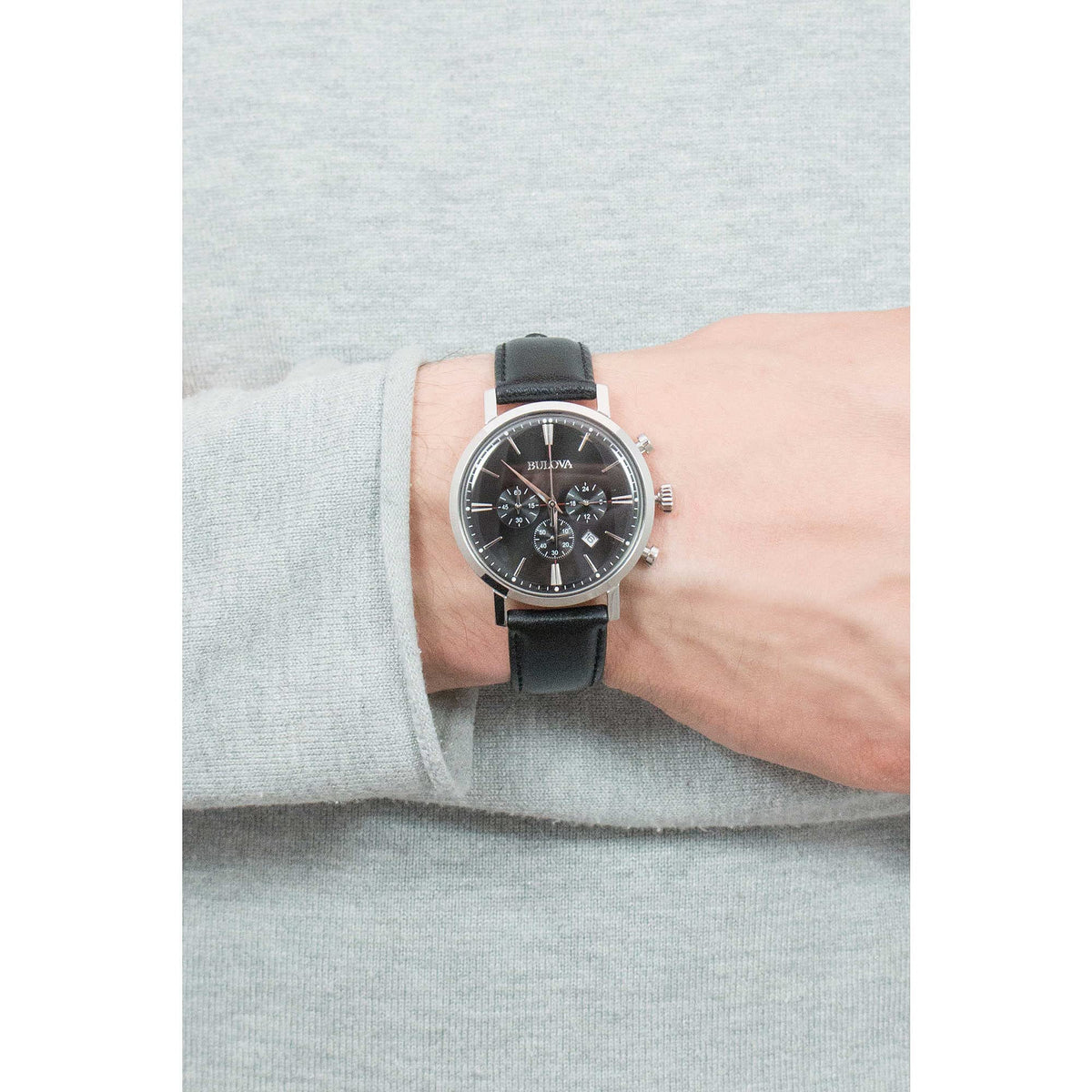 Men's Stainless Steel Chronograph Watch with Black Leather Strap Q872308
