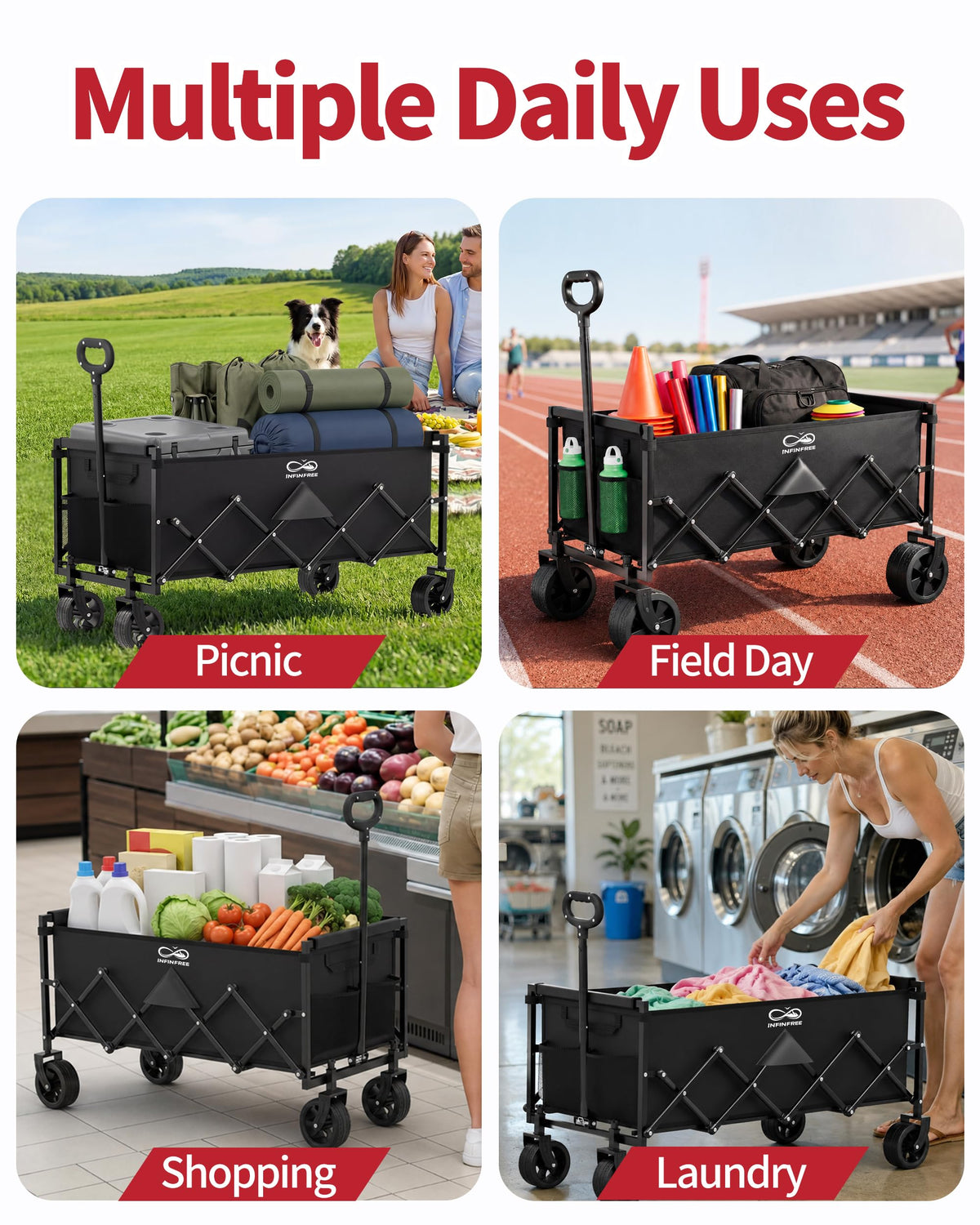 34" Extra Long Foldable Wagon with All-Terrain Wheels, 260 LBS Capacity Black M1170