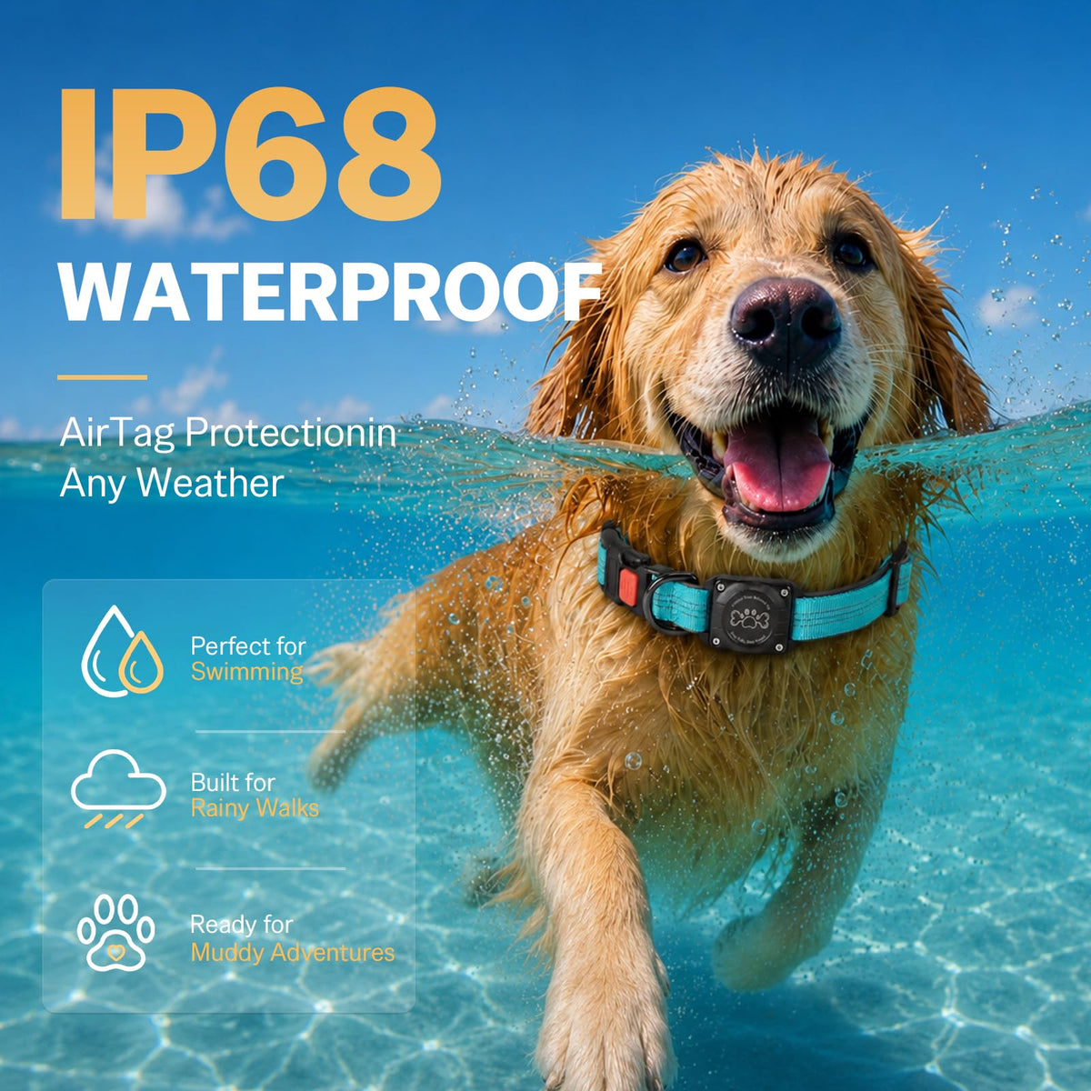 Blue IP68 Waterproof Reflective Dog Collar with AirTag Holder J80923