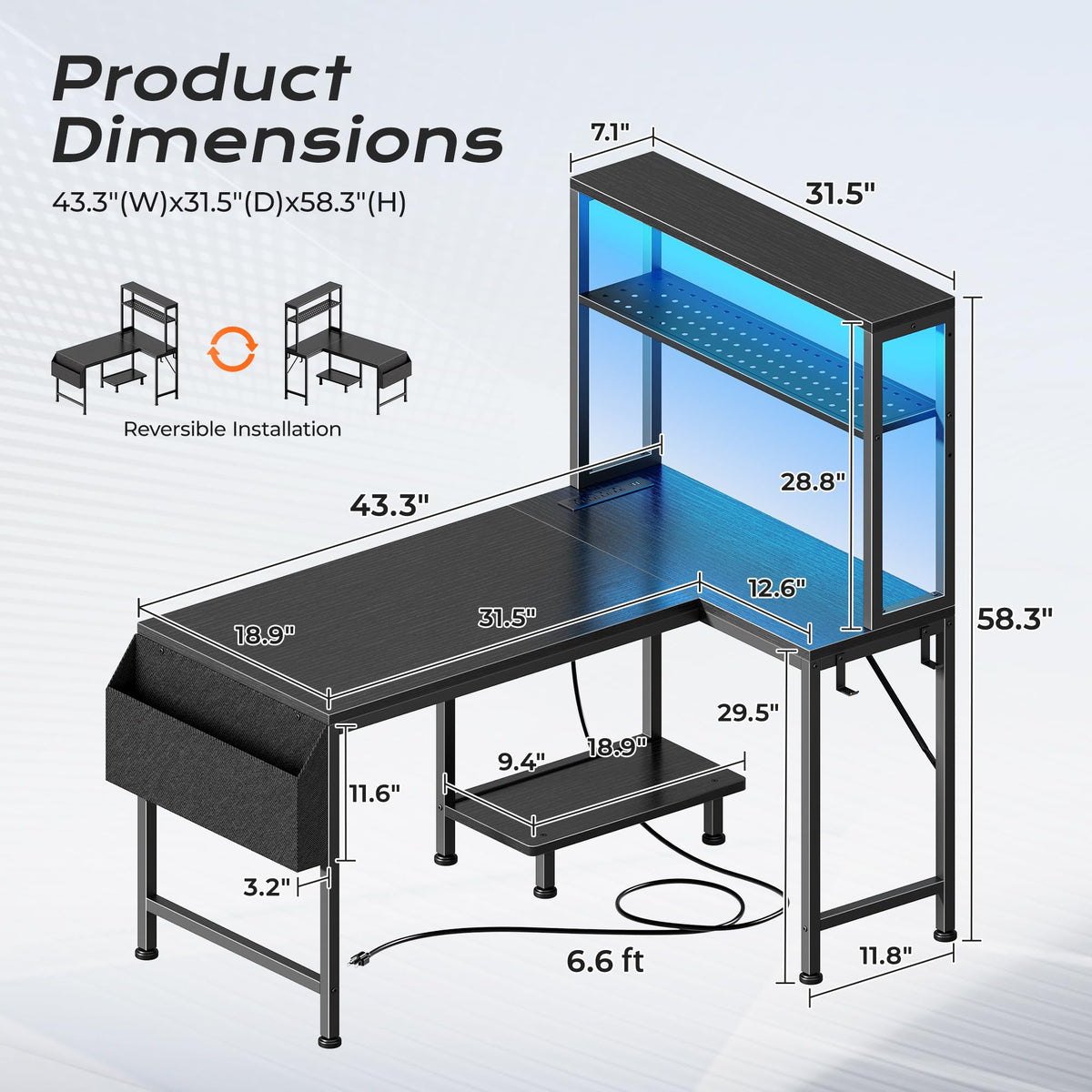 L Shaped Gaming Desk with LED Lights & Power Outlets C981