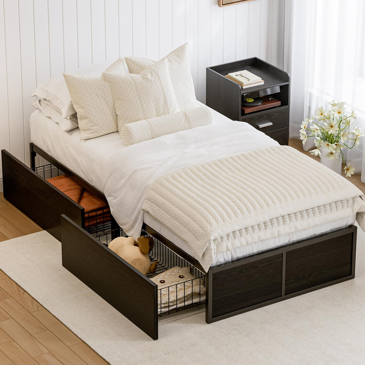 Twin Metal Platform Bed Frame with 2 XL Storage Drawers B560