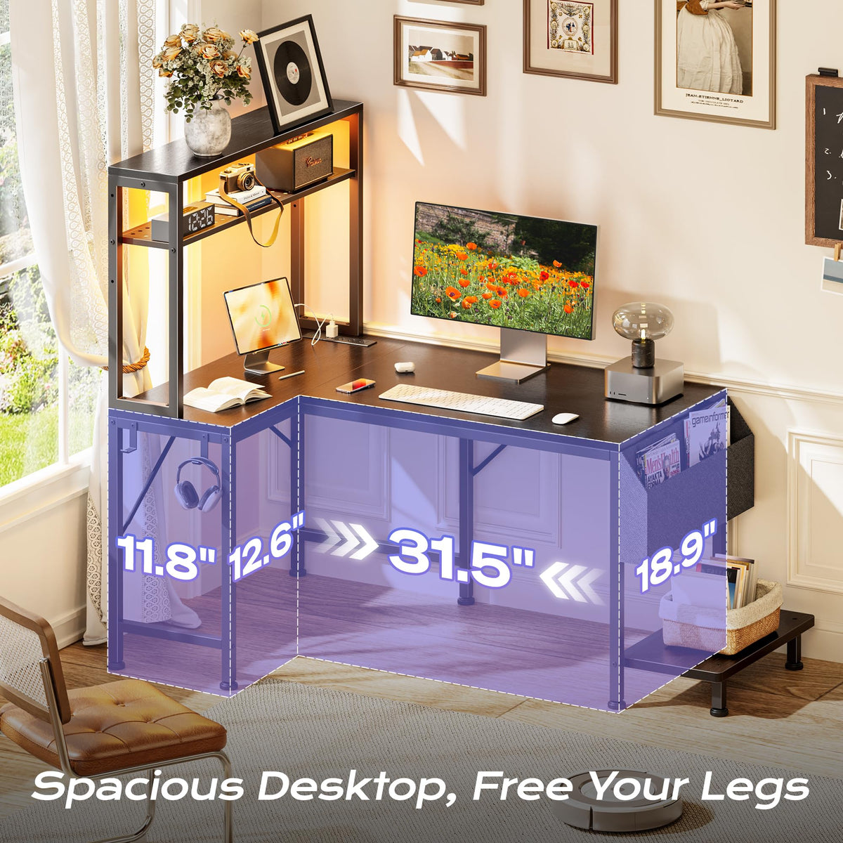 L Shaped Gaming Desk with LED Lights & Power Outlets C981
