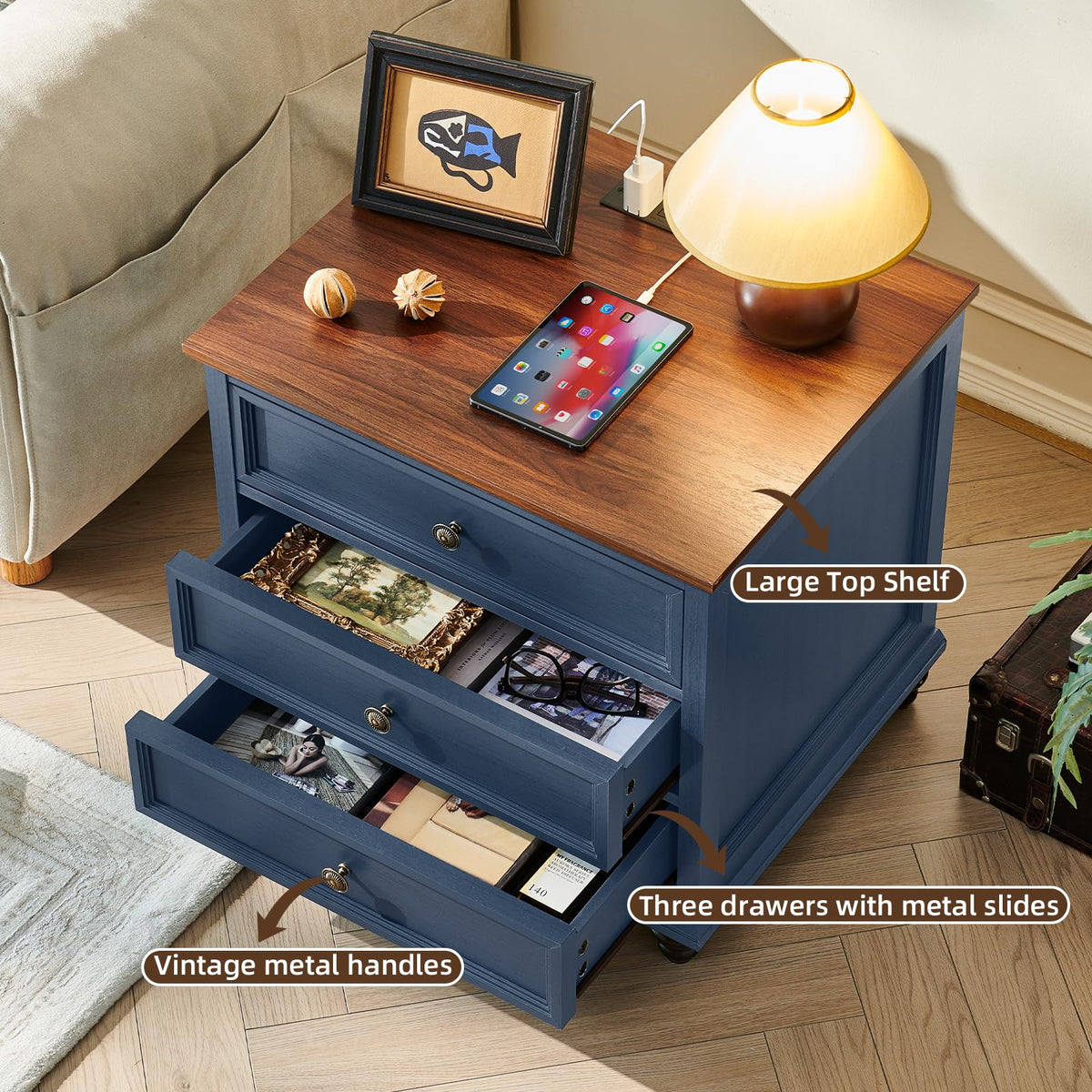 Blue Wood Nightstand Set of 2 with Charging Station S178710