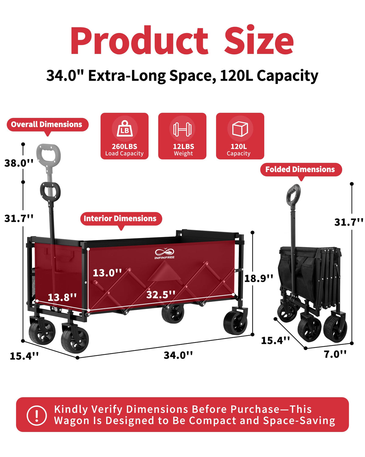 34" Extra Long Foldable Wagon with All-Terrain Wheels, 260 LBS Capacity Black M1170