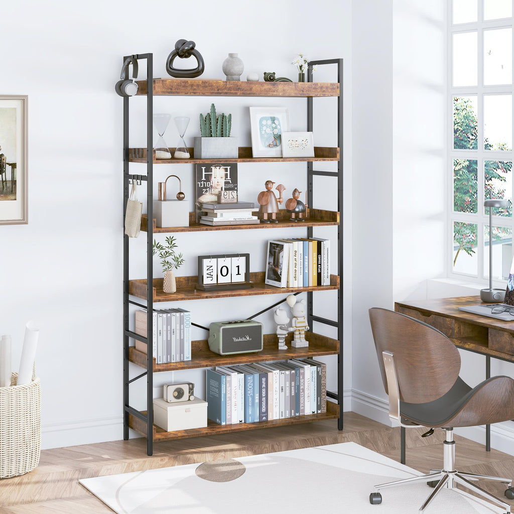 Adjustable 6-Tier Wood and Black Metal Bookshelf P713762