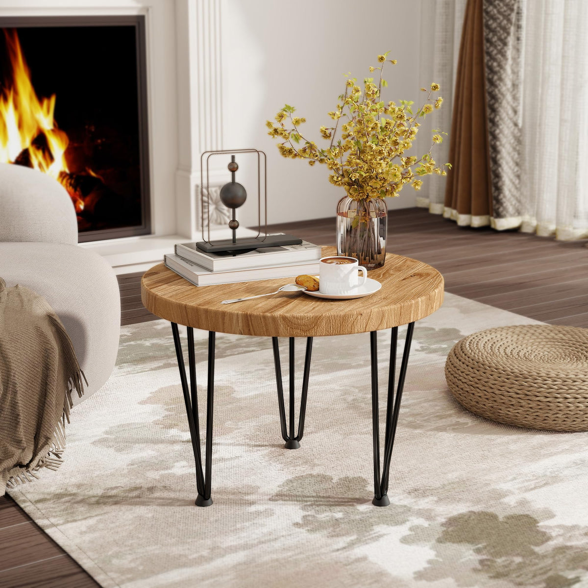 Round Elm Wood Nesting Coffee Table with Metal Legs N502