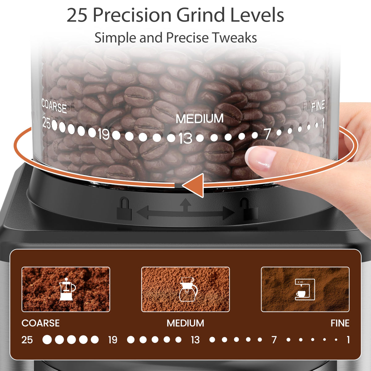 Electric Coffee Grinder with 25 Grinding Settings and 60-Second Timer D7981