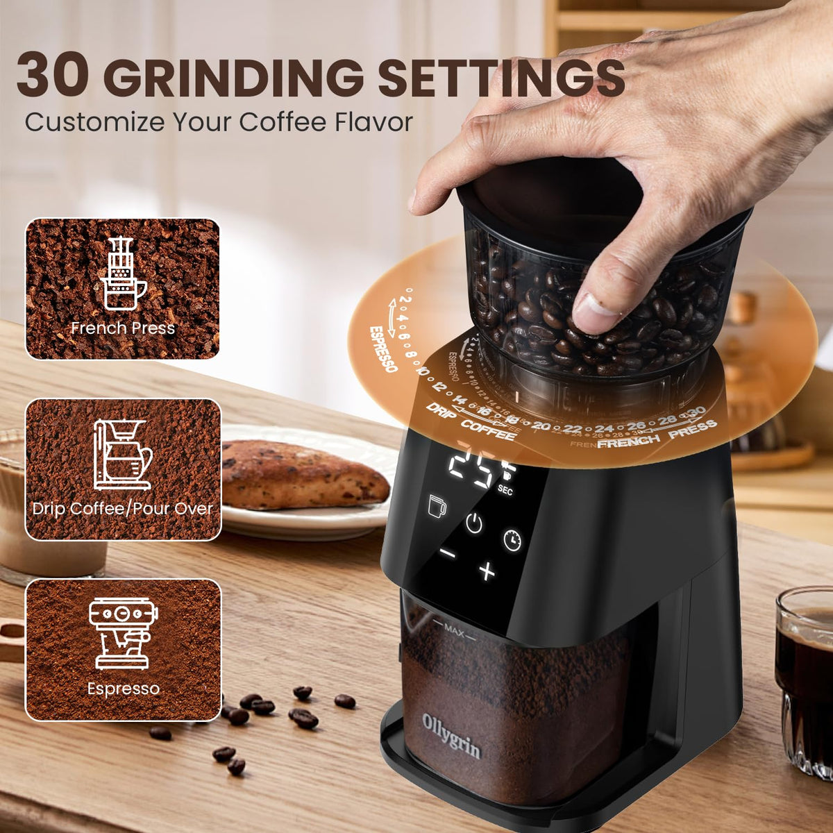 Electric Conical Burr Coffee Grinder, 30 Grind Settings, Black G212