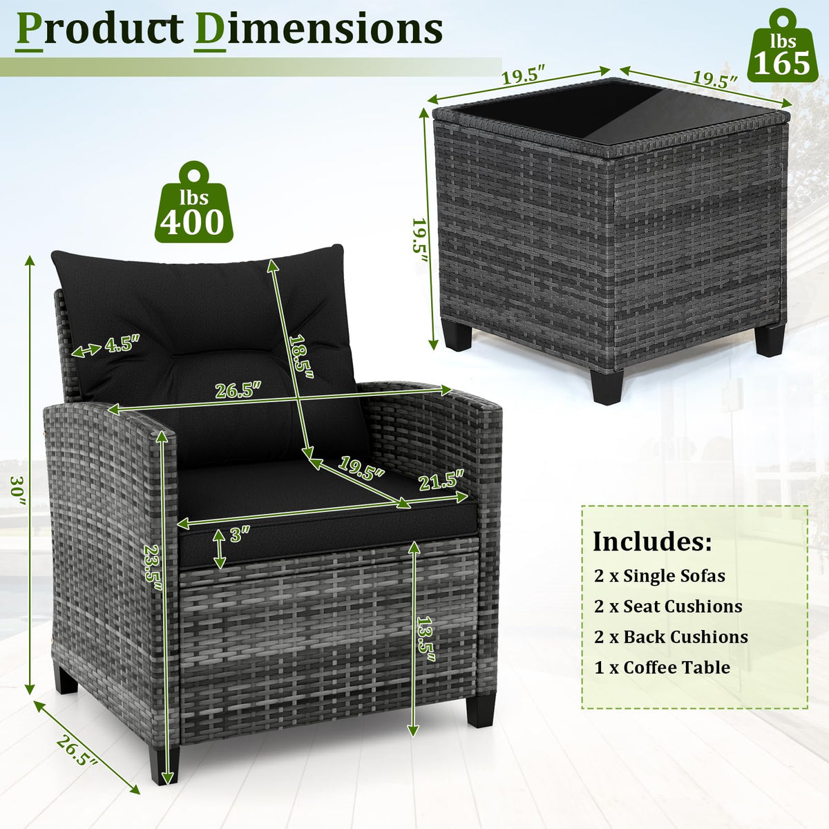3 Piece Wicker Patio Furniture Set with Glass Topped Table V539218