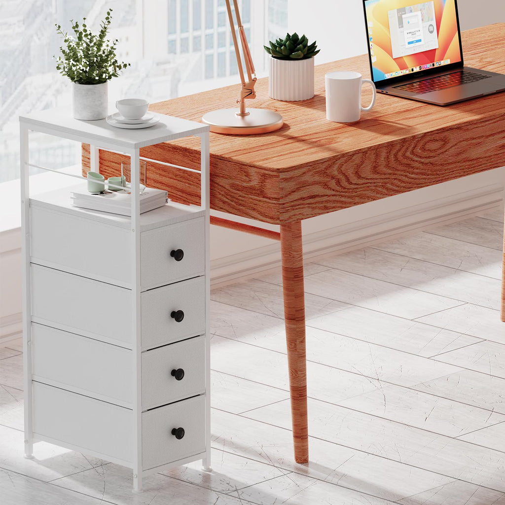 White Narrow Dresser with 4 Fabric Drawers M8481