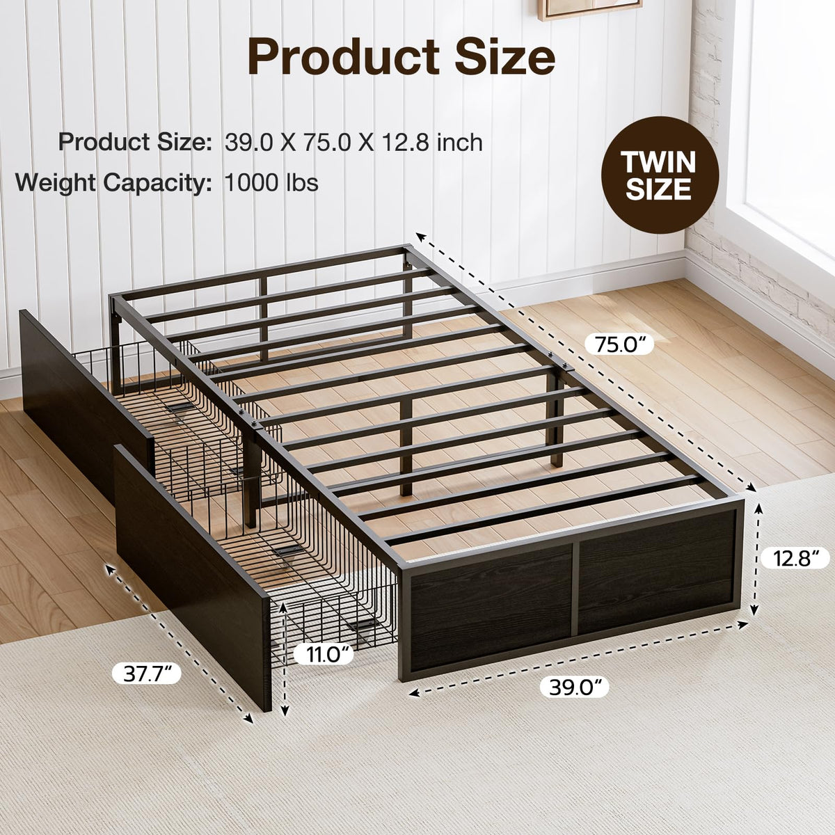 Twin Metal Platform Bed Frame with 2 XL Storage Drawers B560