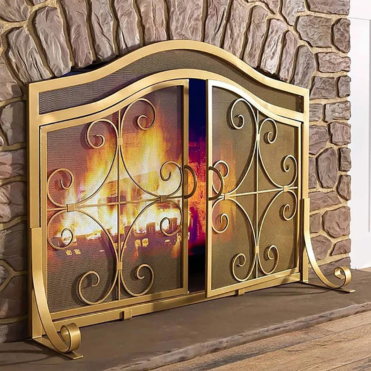 Gold Scroll Metal Fireplace Screen with 2 Doors D2897