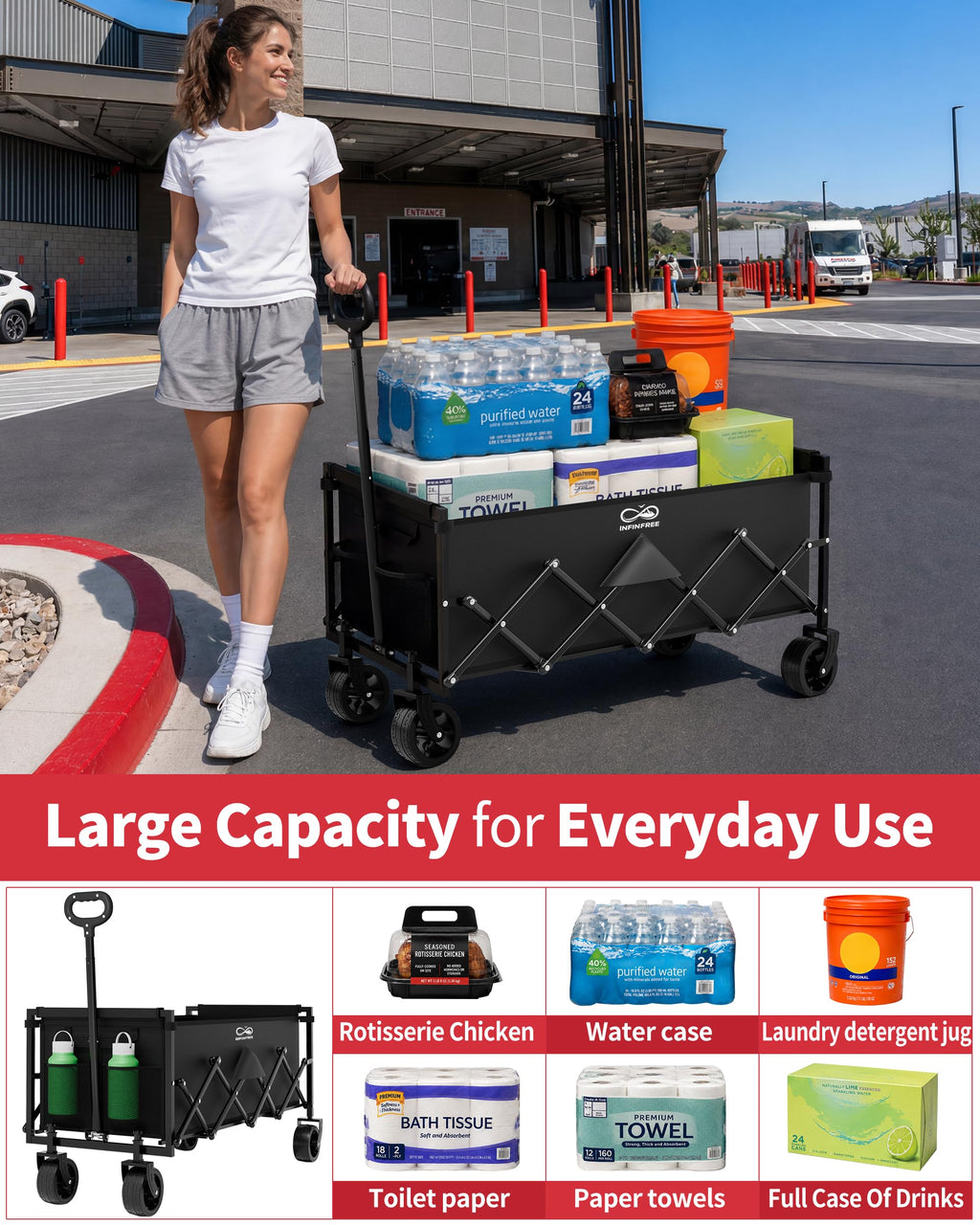34" Extra Long Foldable Wagon with All-Terrain Wheels, 260 LBS Capacity Black M1170