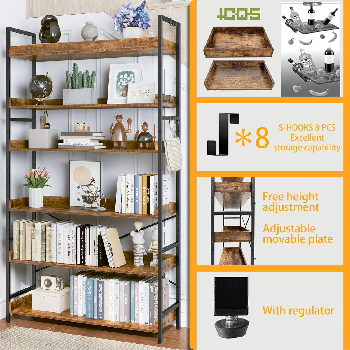 Adjustable 6-Tier Wood and Black Metal Bookshelf P713762
