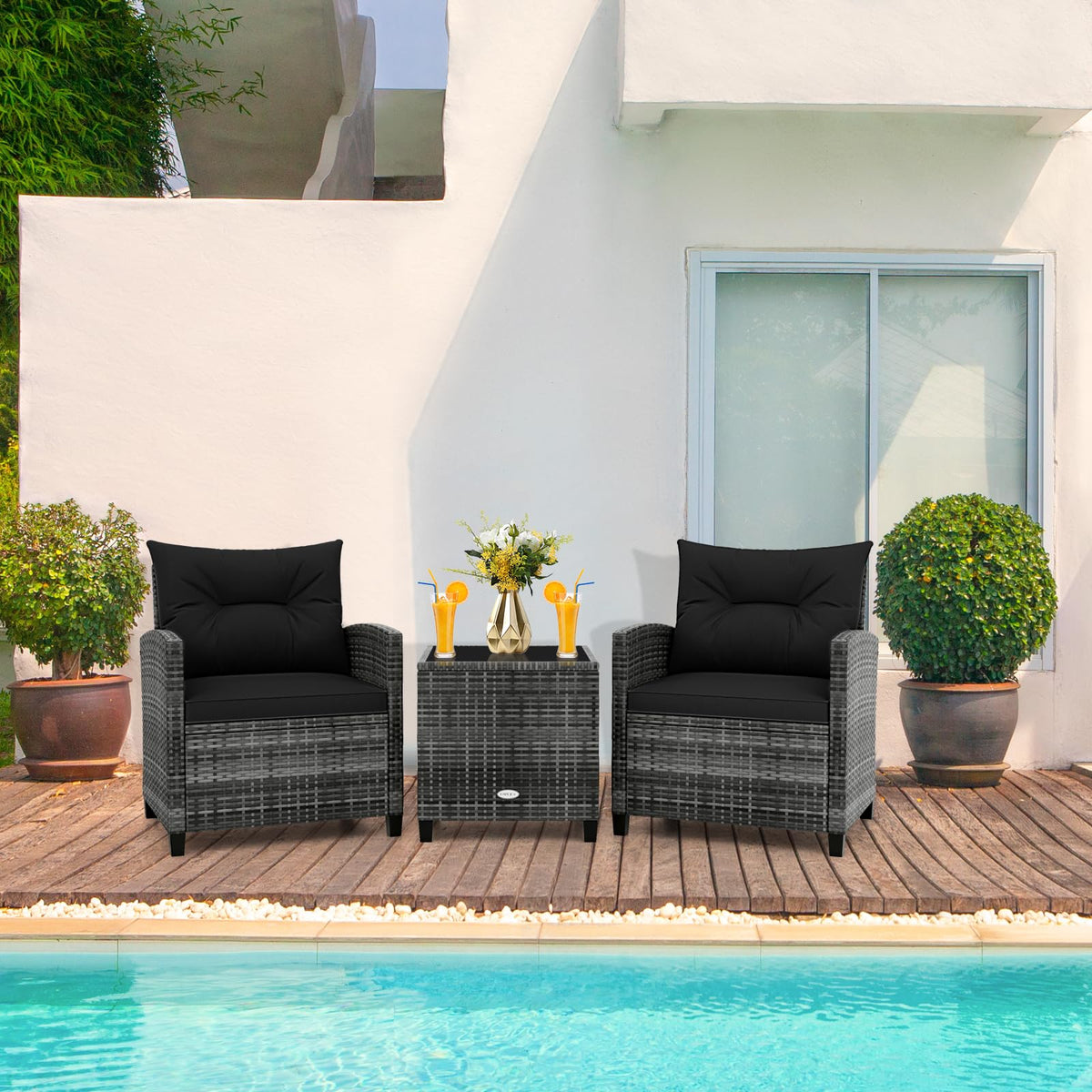 3 Piece Wicker Patio Furniture Set with Glass Topped Table V539218