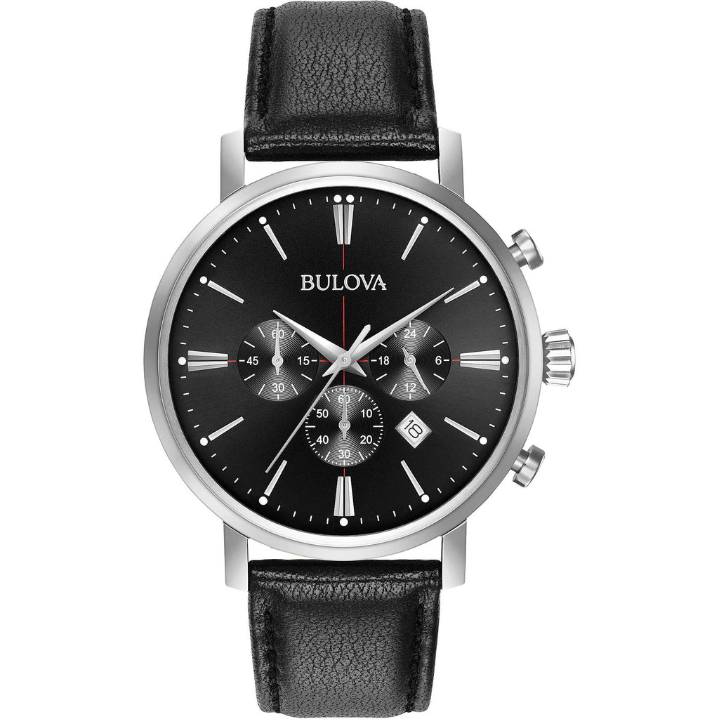 Men's Stainless Steel Chronograph Watch with Black Leather Strap Q872308