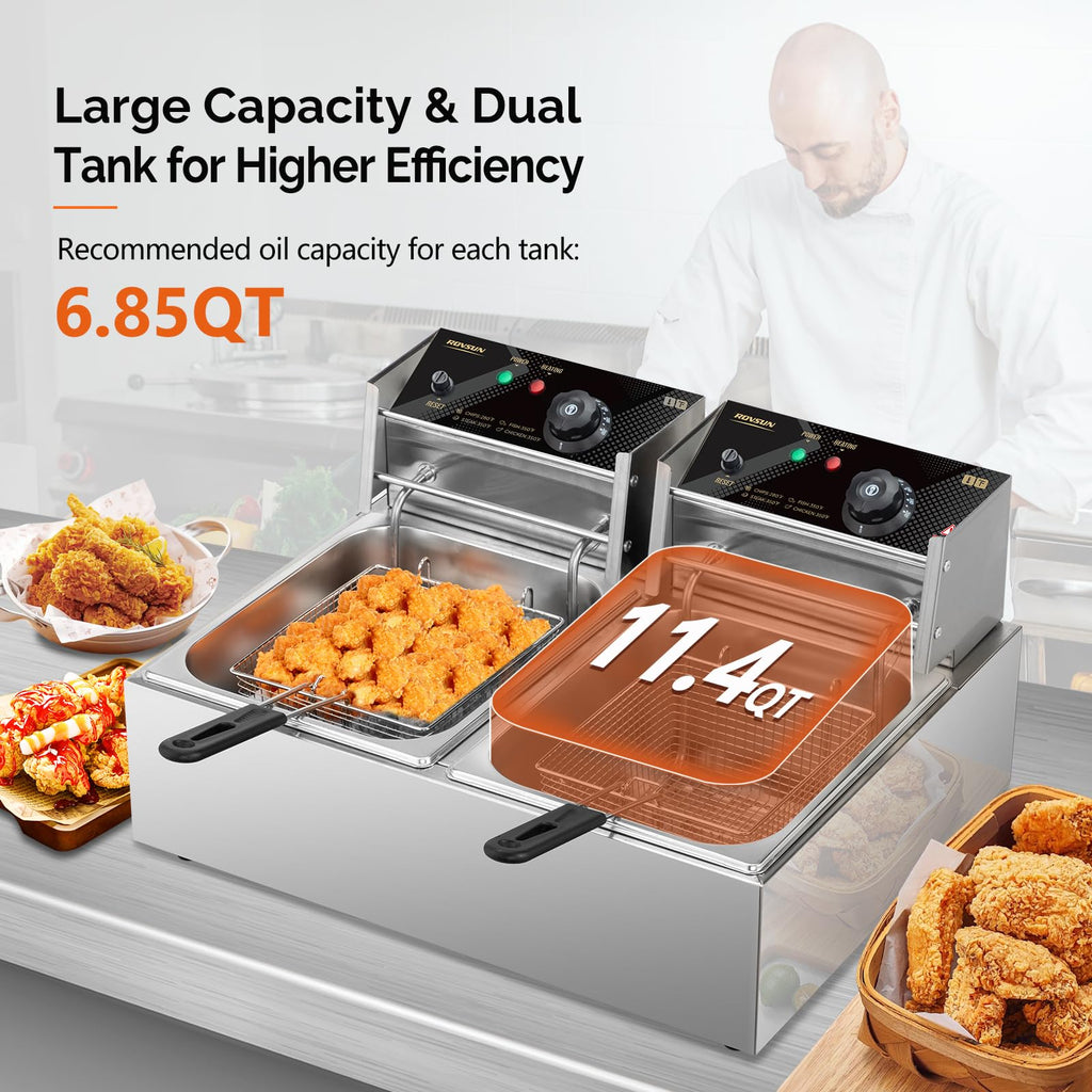 22.8QT Stainless Steel Electric Double Deep Fryer with Baskets & Lids T902