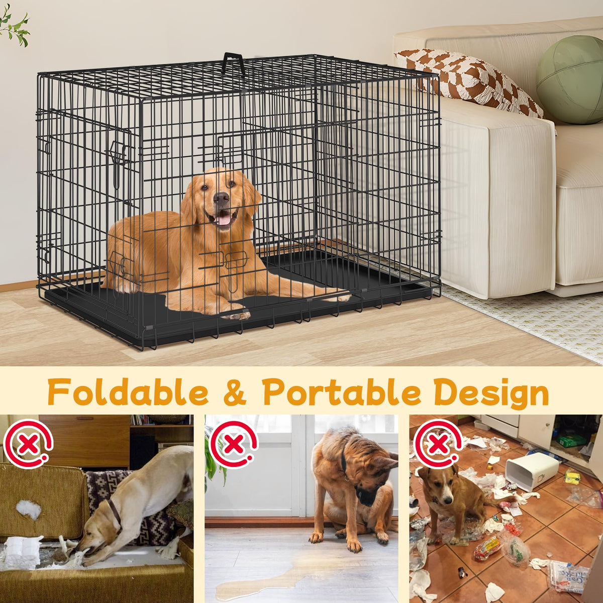 48 Inch Folding Metal Wire Dog Crate with Divider Panel & Removable Tray Y513