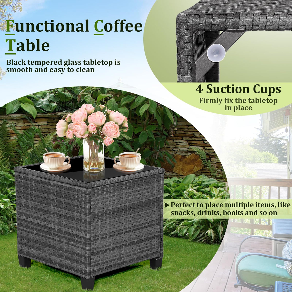 3 Piece Wicker Patio Furniture Set with Glass Topped Table V539218