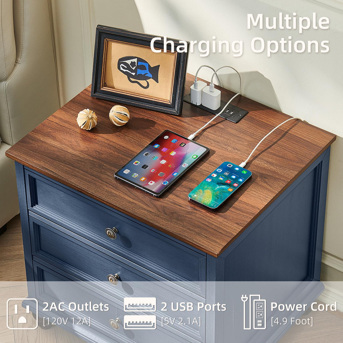 Blue Wood Nightstand Set of 2 with Charging Station S178710