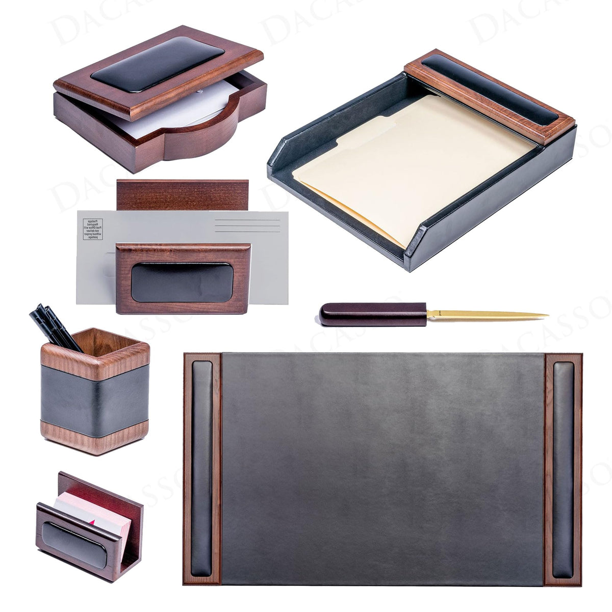 7 Piece Walnut Black Leather Desk Set R806