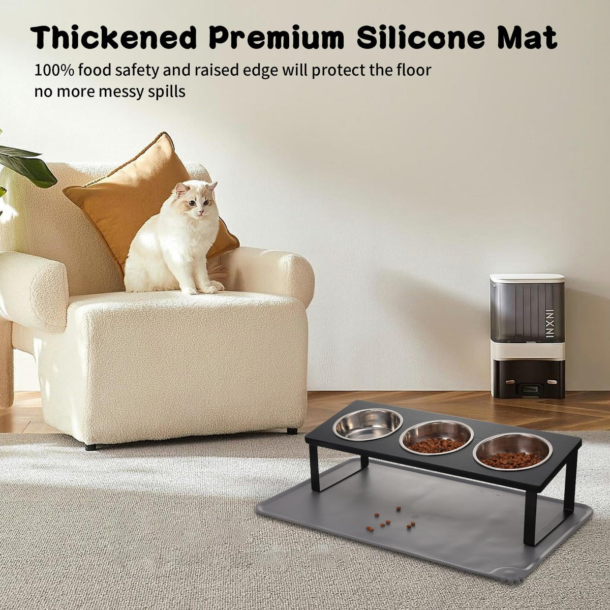 15° Tilted Stainless Steel Elevated Cat Bowls with Food Mat T9487