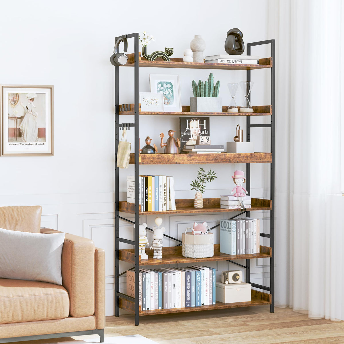 Adjustable 6-Tier Wood and Black Metal Bookshelf P713762