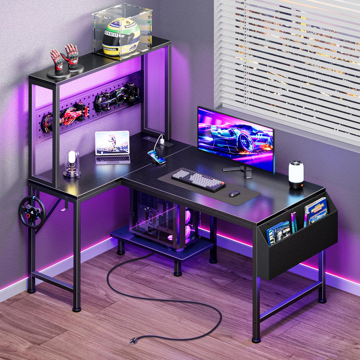 L Shaped Gaming Desk with LED Lights & Power Outlets C981