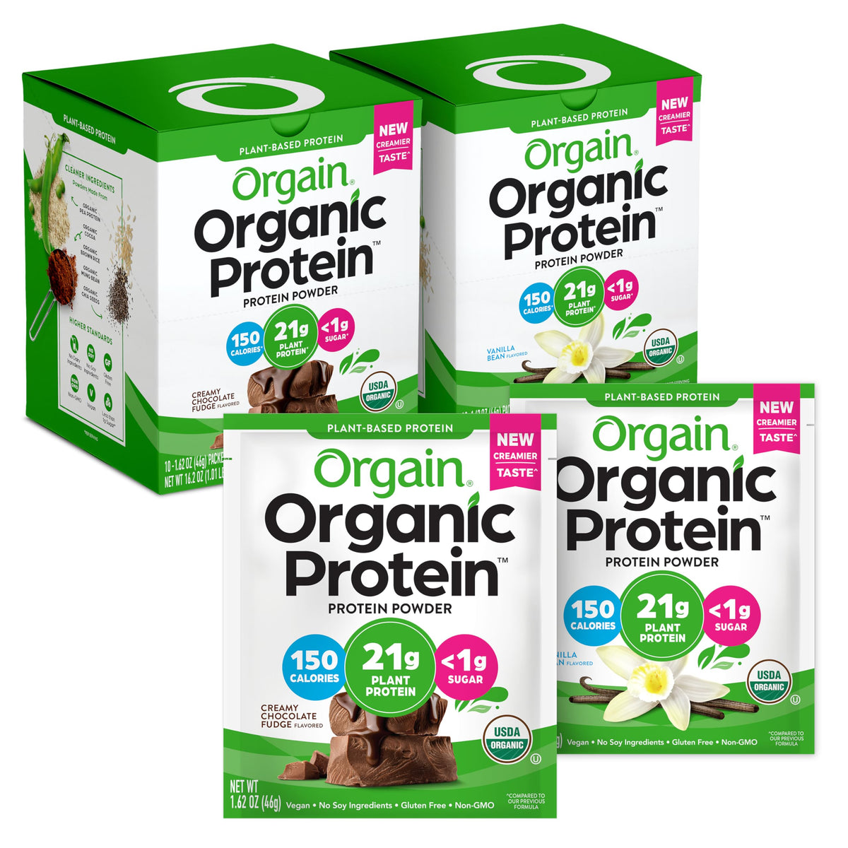 Organic Vegan Protein Powder Travel Packs Vanilla Bean and Chocolate Fudge 10 Packets Each V63980