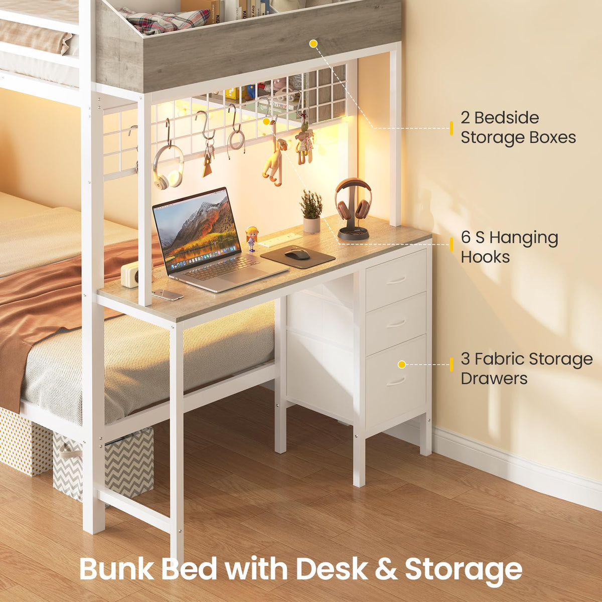 White Twin Over Twin Metal Bunk Bed with Desk and 3 Storage Drawers H989315