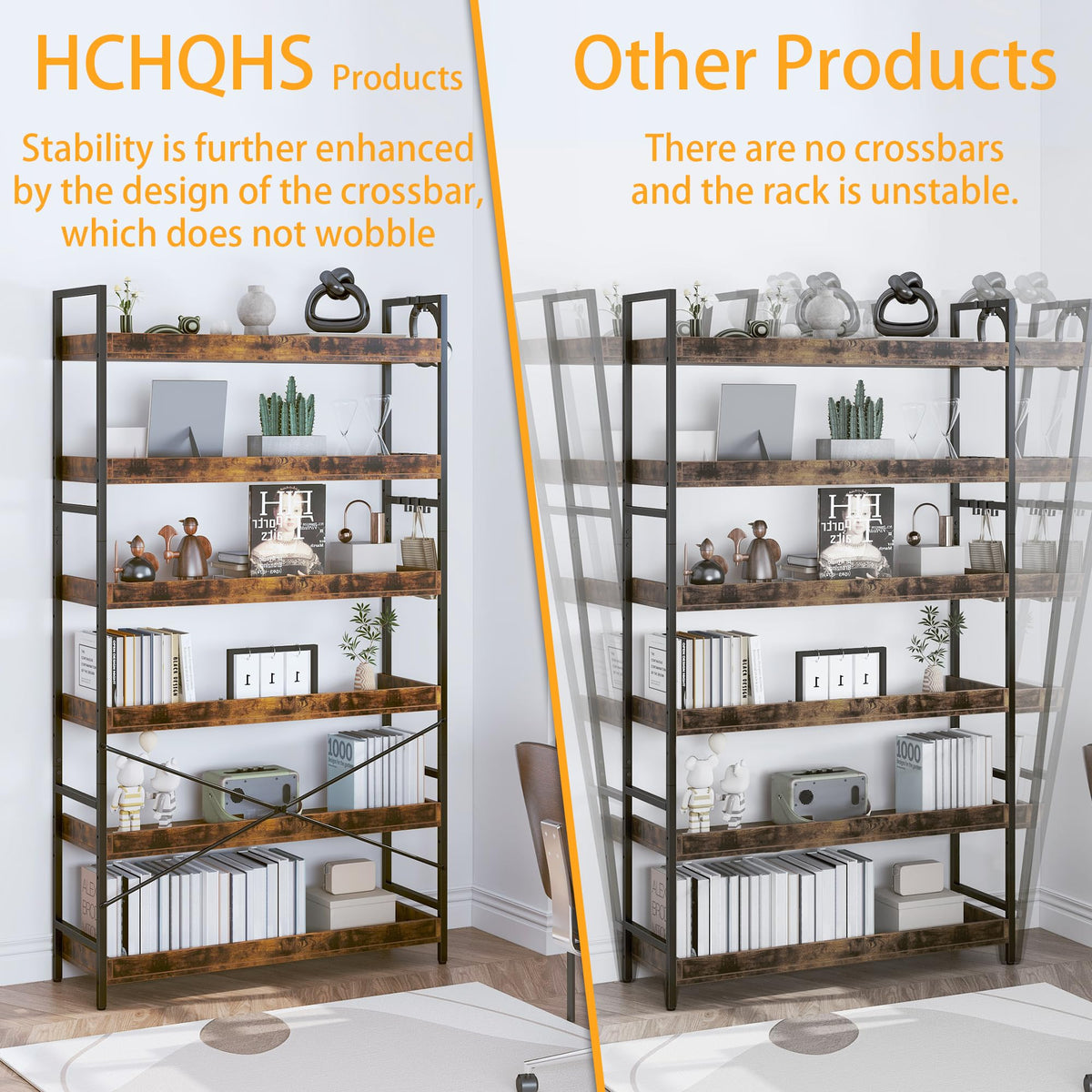 Adjustable 6-Tier Wood and Black Metal Bookshelf P713762