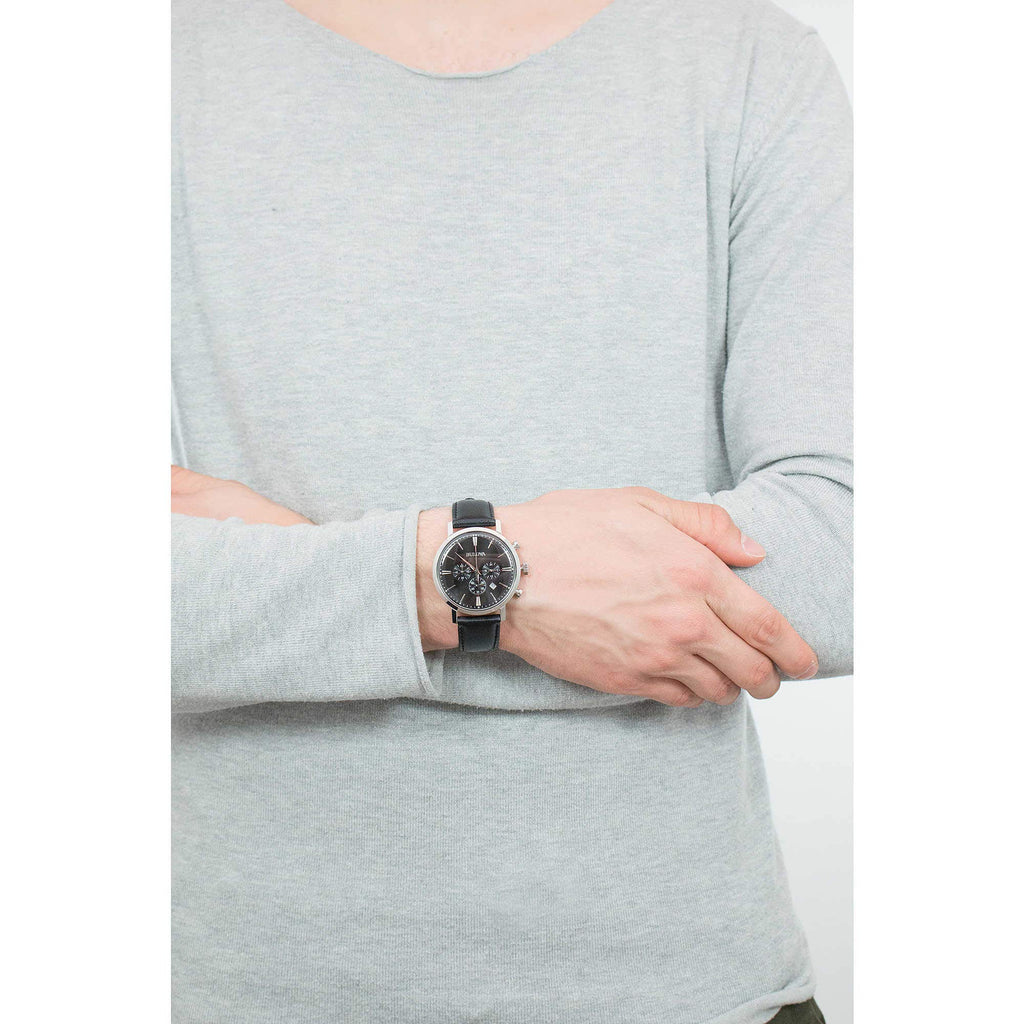 Men's Stainless Steel Chronograph Watch with Black Leather Strap Q872308