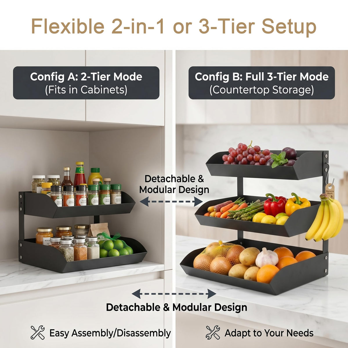 3-Tier Metal Fruit Basket with Banana Holder W286961
