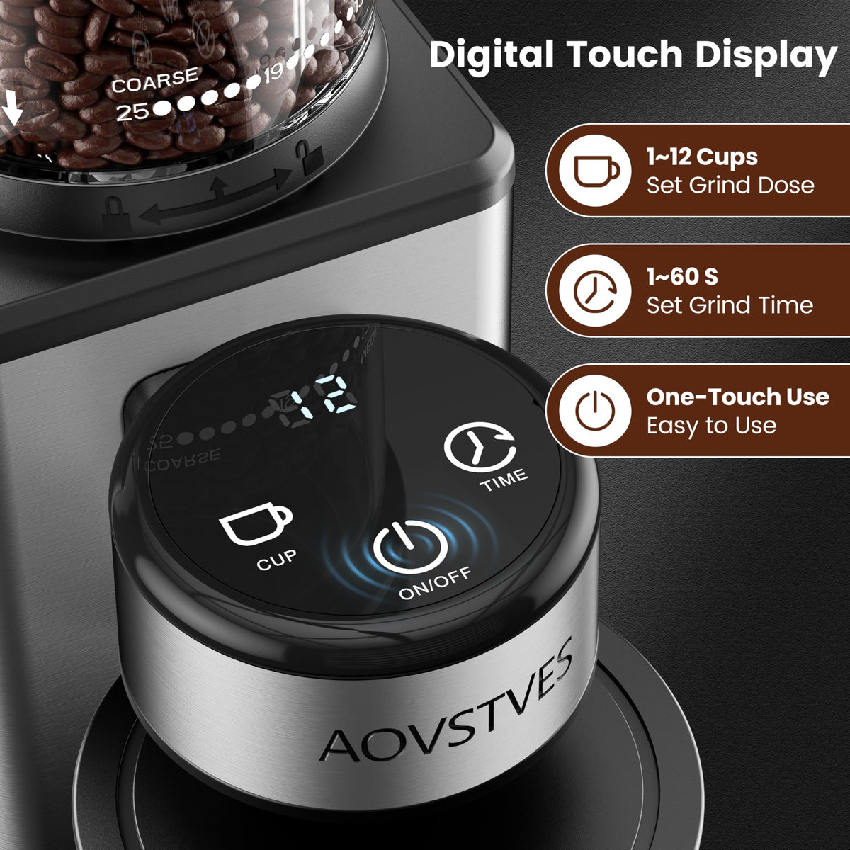 Electric Coffee Grinder with 25 Grinding Settings and 60-Second Timer D7981
