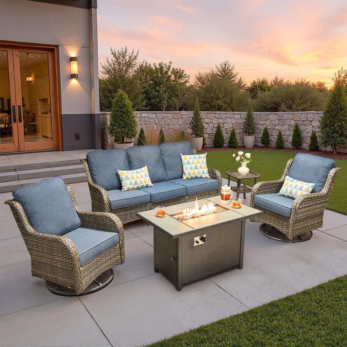 5 PCS Wicker Patio Furniture Set with Fire Pit Table X59289