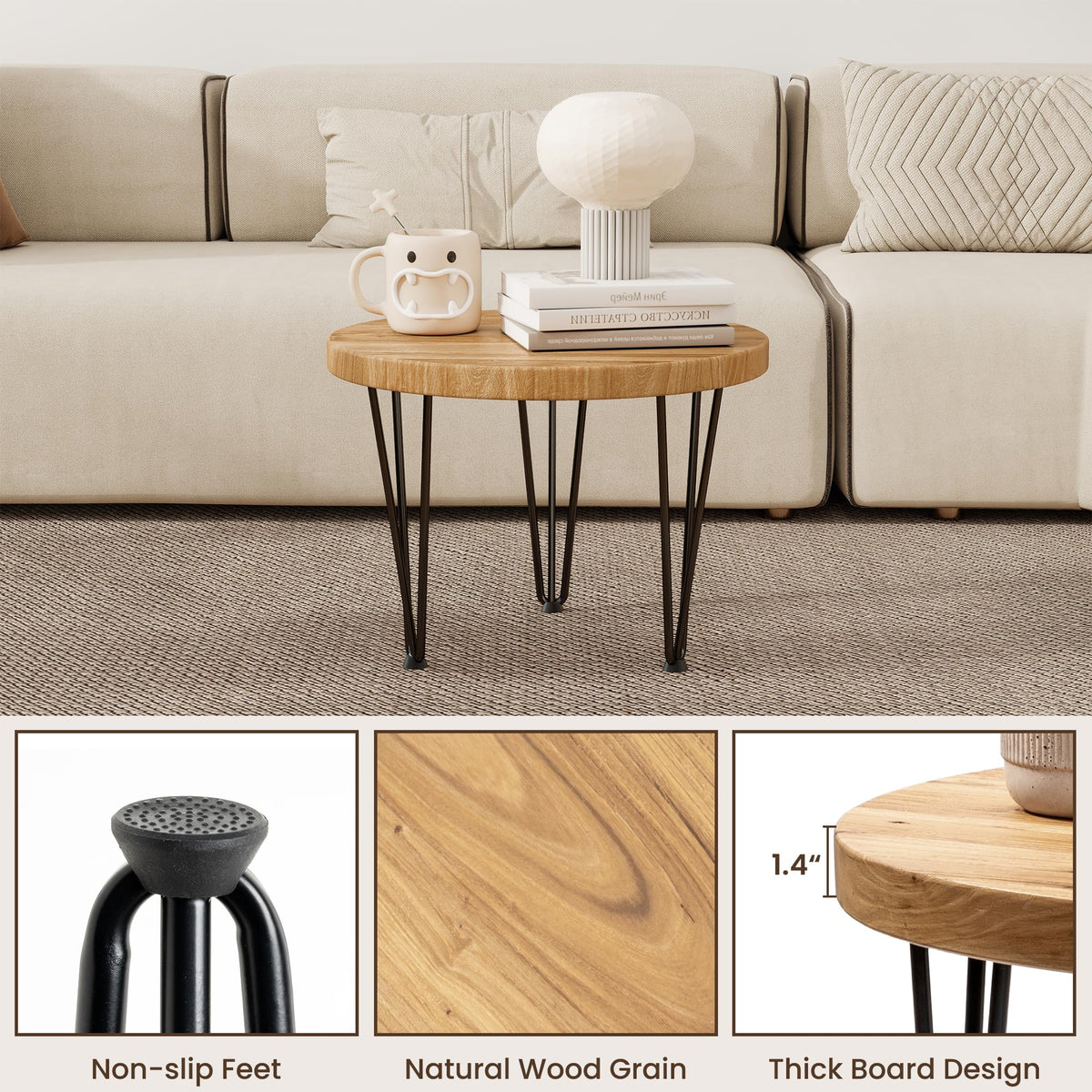 Round Elm Wood Nesting Coffee Table with Metal Legs N502